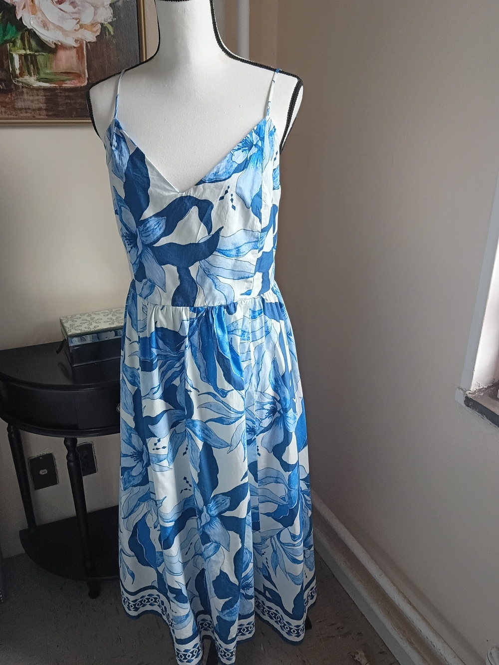 H&M Blue and White Floral Midi Dress with Spaghetti Straps